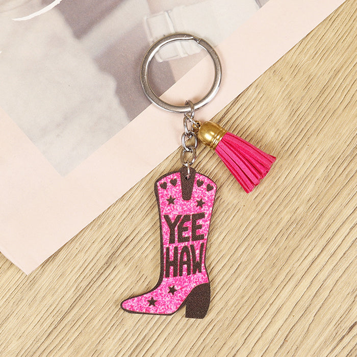 Wholesale Keychain Retro Western Distressed Cowboy Boots Cactus Cowboy Butterfly Pink Tassel