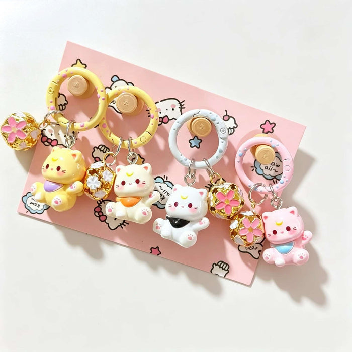 Wholesale Resin Cartoon Kitten Keychain Cute Pink Cat With Bell Bag Charm For Girls Students Gift Accessory