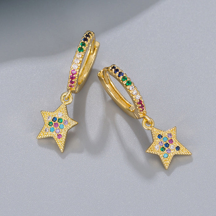 Wholesale gold and diamond five-pointed star earrings,  rainbow zircon star pendant earrings,  light luxury vacation style,  versatile earrings