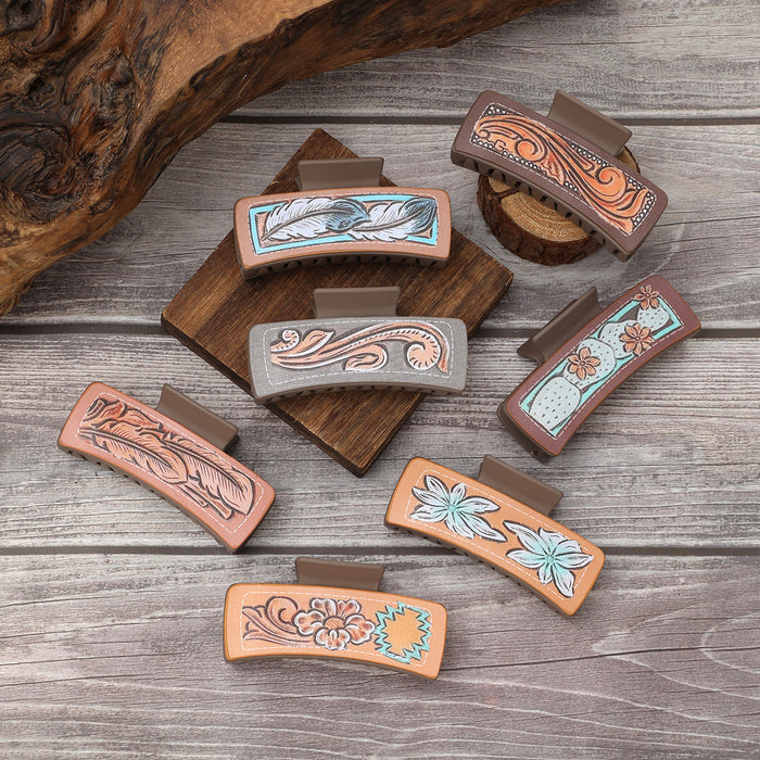 Wholesale Western Style Cactus Feather Flower Pattern Printing Shark Clip Hairpin Women' s Grab Clip