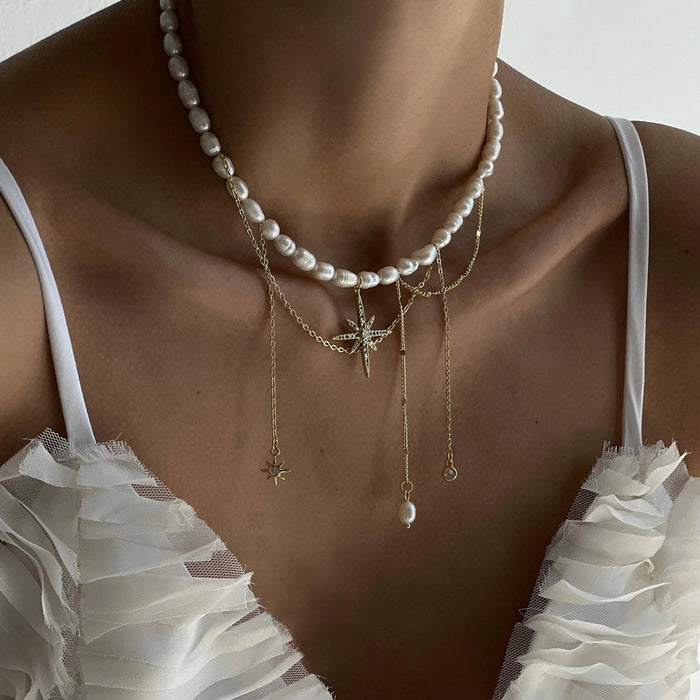 Wholesale Jewelry, pearl necklace, personalized tassel alloy, hexagonal star collarbone chain