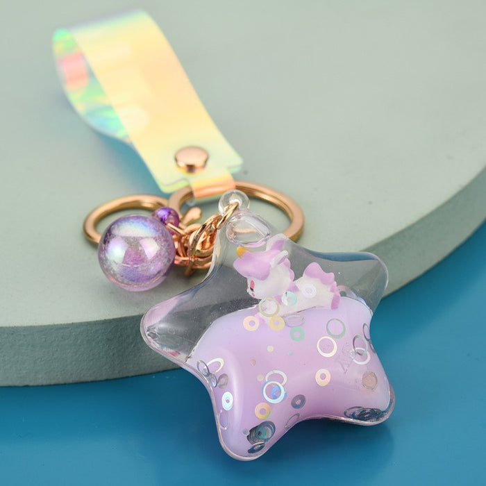 Wholesale Acrylic Oil Filled Five-pointed Star Unicorn Keychain JDC-KC-WoA045