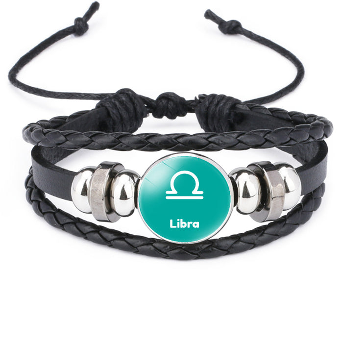 Wholesale Twelve Constellations Time Gemstone Black Leather Multi-layer Braided Bracelet JDC-BT-DMu003