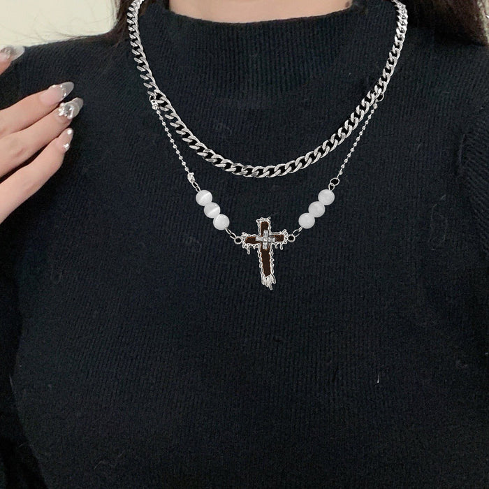 Wholesale Jewelry Cross Titanium Steel Hoodie Necklace High Grade Sweater Chain Clavicle Chain