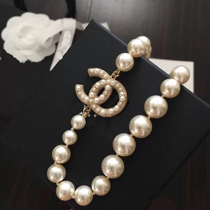 Wholesale Double C letter enamel camellia pearl long necklace