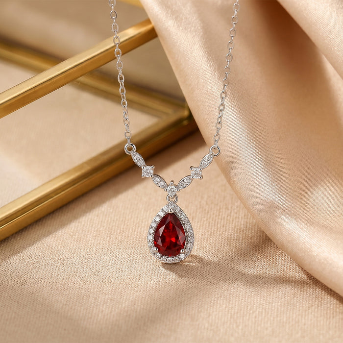 Wholesale Titanium Steel Gold Plated Teardrop Pendant Necklace with Red Cubic Zirconia MOQ≥2