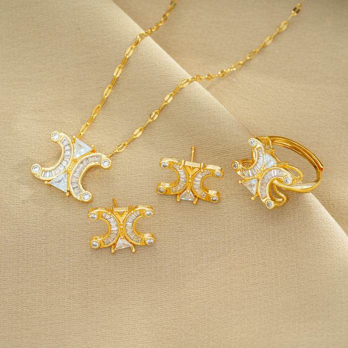 Wholesale Zirconia Heavy Industry Real Gold Electroplated Copper Micro-inlaid Earrings and Necklace Set JDC-NE-OBK007