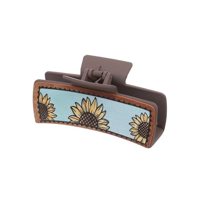 Wholesale Western Cowboy Style Sunflower Cow Pattern Leather Women' s Hairpin Grabber Shark Clip Hair Accessories Clip