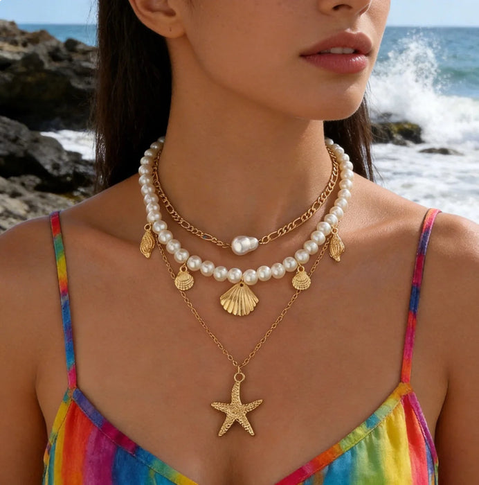 Wholesale Bohemian Starfish Shell Pendant Necklace Faux Pearl Ocean Series Beach Vacation Style