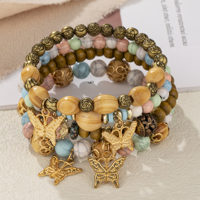 Wholesale Boho Style Multi-Layered Wood Beads Beaded Butterfly Pendant Bracelet JDC-BT-FeiYa006