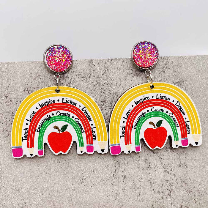 Wholesale Teacher' s Day Earrings Pencil Book Wooden Earrings Glitter Earrings
