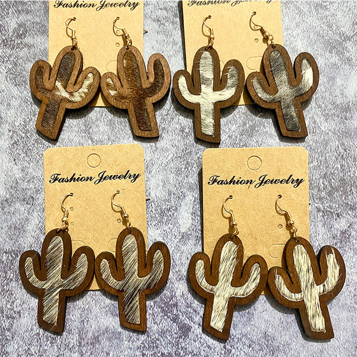 Wholesale Western genuine leather earrings vintage horsehair inlaid cactus wood earrings jewelry