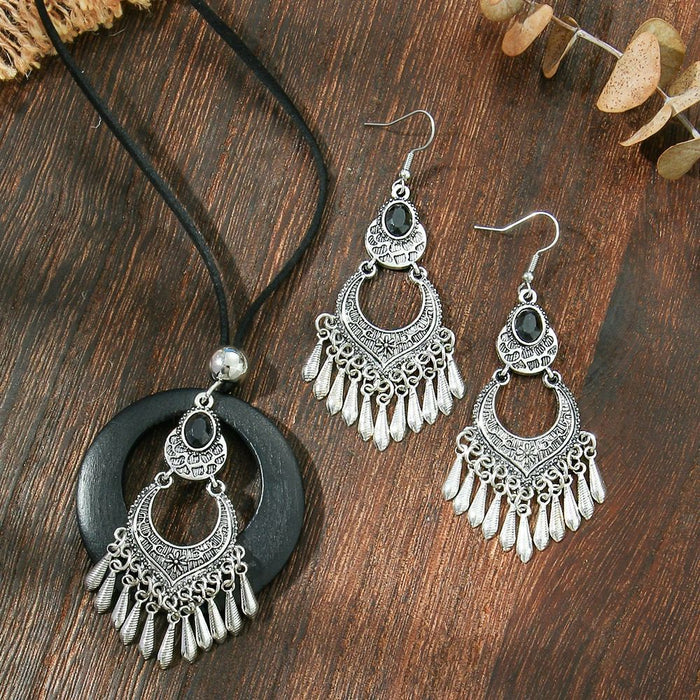 Wholesale Ethnic Geometric Antique Silver Alloy Earring Necklace Set - 4 Styles MOQ≥2