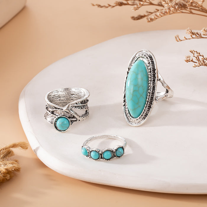 Wholesale retro bohemian feather large turquoise ring set