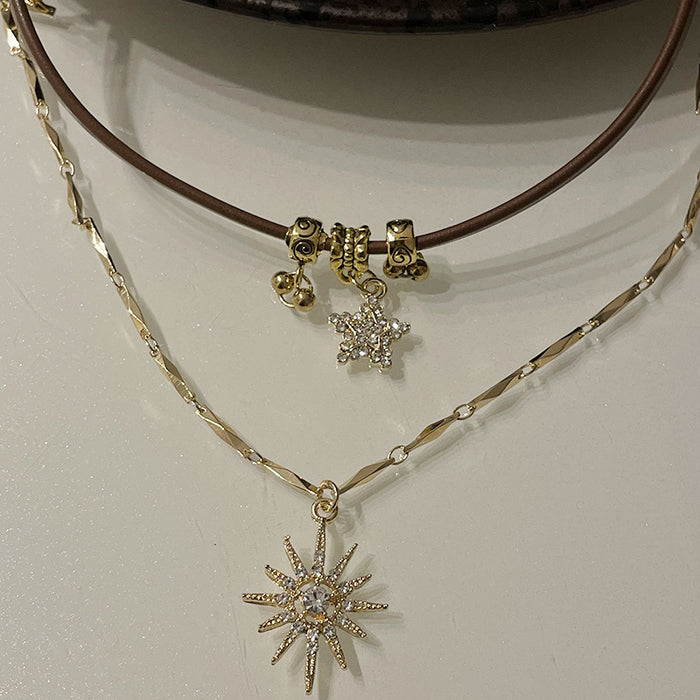 Wholesale Maillard sun star necklace for women, niche, light luxury, ins, cold style necklace, retro double-layered clavicle necklace