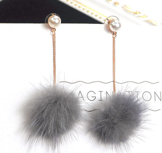 Wholesale mink fur ball earrings small cute long earrings