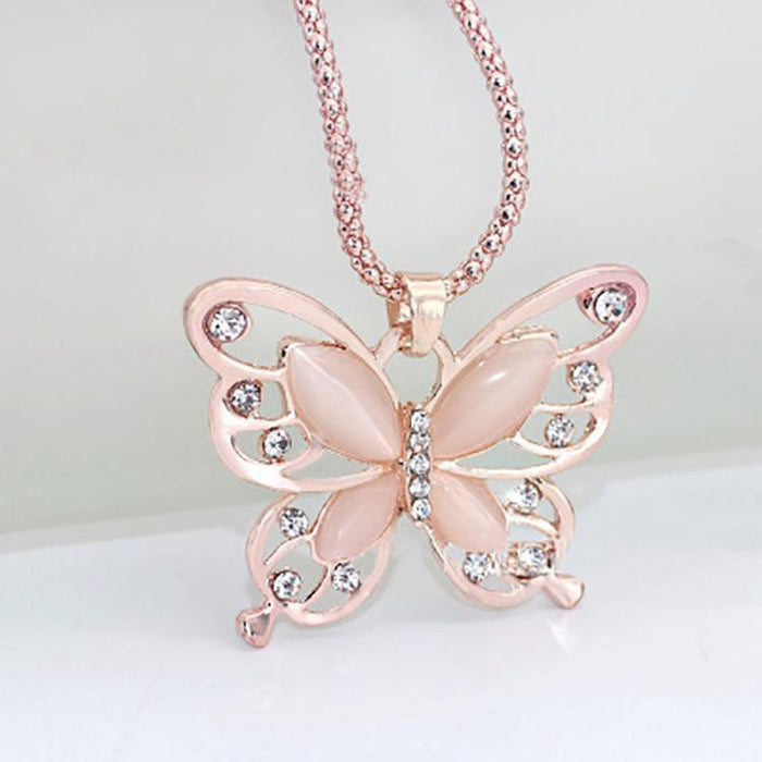 Wholesale Long Opal Hollow Butterfly Elegant Diamond Lovely Sweater Chain Clothing All-match Long Jewelry Necklace