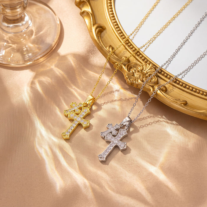 Wholesale Stylish Titanium Steel Double Cross Necklace Gold Plated Zircon Inlaid Boutique Jewelry Accessory MOQ≥2