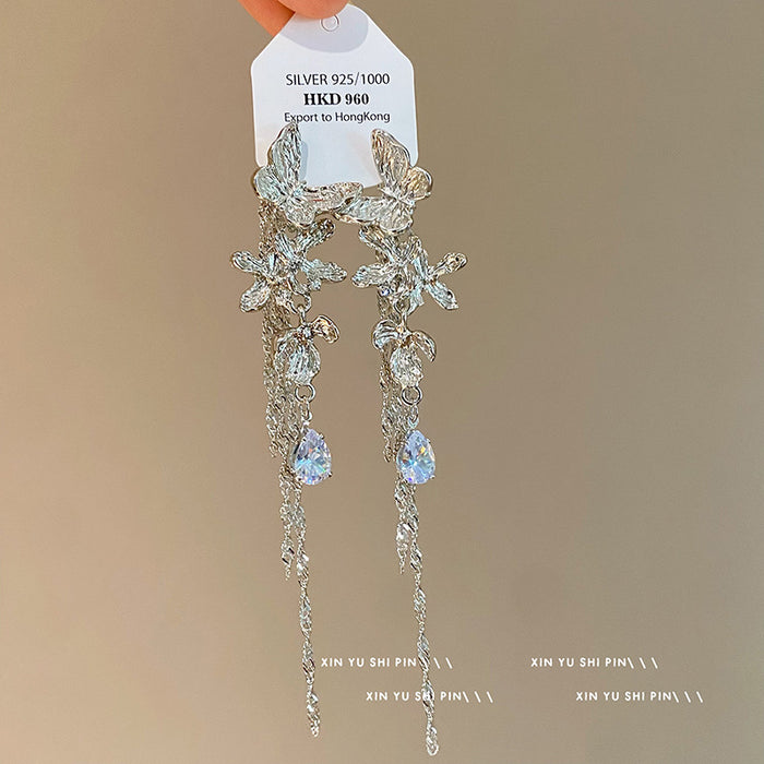 Wholesale Light luxury metal texture tassel butterfly flower earrings, new light luxury exquisite niche earrings