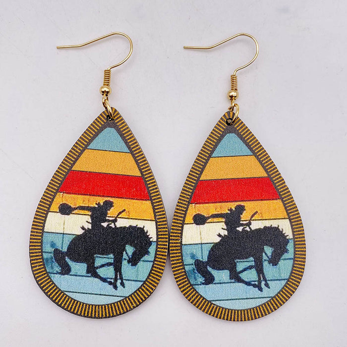 Wholesale Retro Wooden Earrings Western Denim Series Cowhead Sunflower Boho Earrings