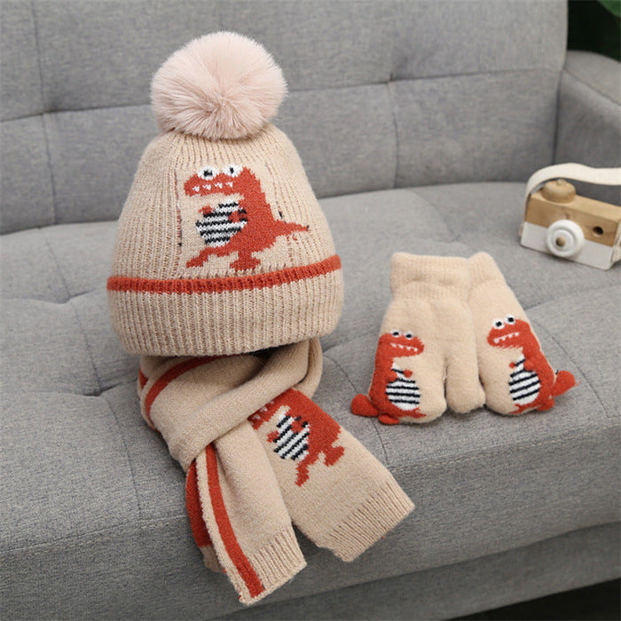 Wholesale Hat Cotton Kids Cartoon Dinosaur Gloves Scarf Set JDC-FH-JunC008