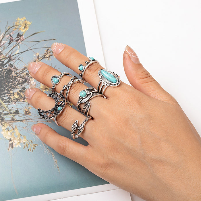 Wholesale Ethnic Style Retro Turquoise Carved Feather Ring Fashionable and Personalized 8-Piece Combination Ring Set