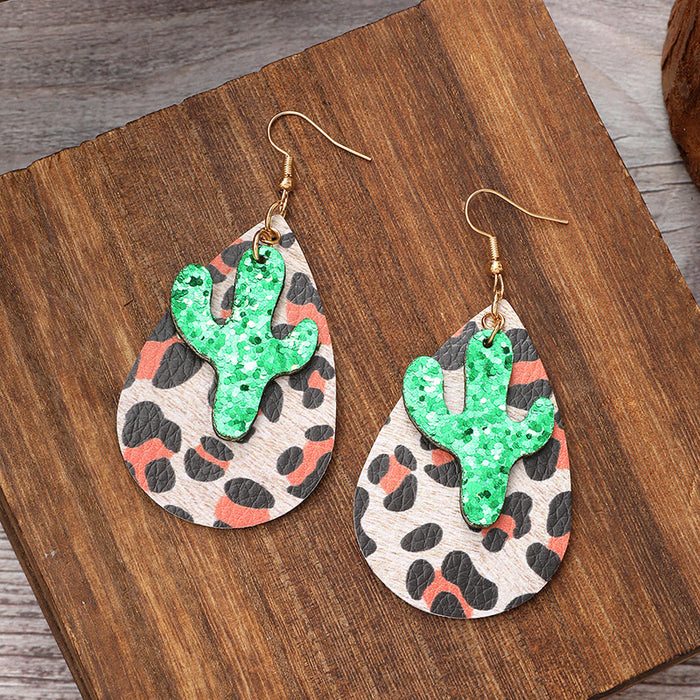 Wholesale Leopard Water Drop Shape Cactus Pendant PU Leather Earrings JDC-ES-YiTian011