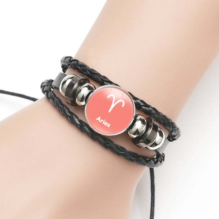 Wholesale Twelve Constellations Time Gemstone Black Leather Multi-layer Braided Bracelet JDC-BT-DMu003