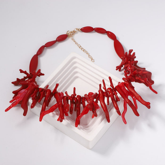 Wholesale Bohemian necklace Red Coral Irregular Geometry Two-piece Necklace
