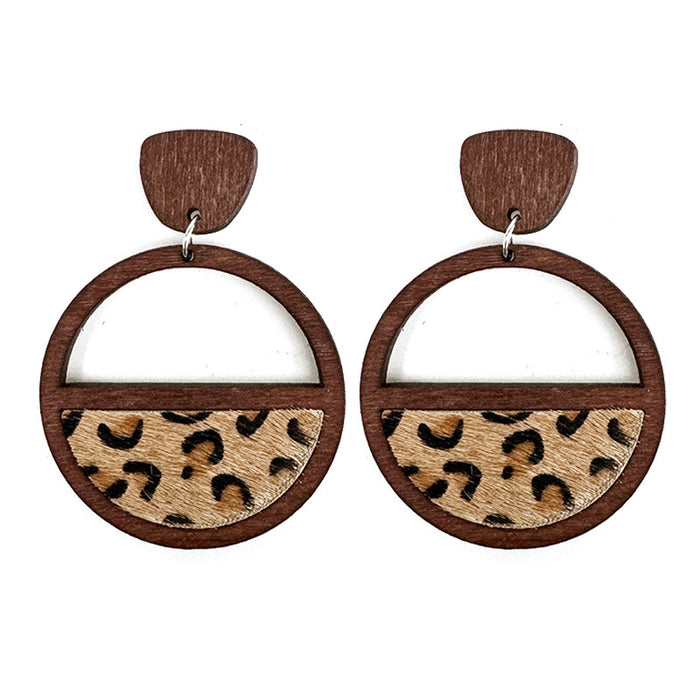 Wholesale Western genuine leather earrings geometric ing hollow inlaid leopard print classic exaggerated earrings