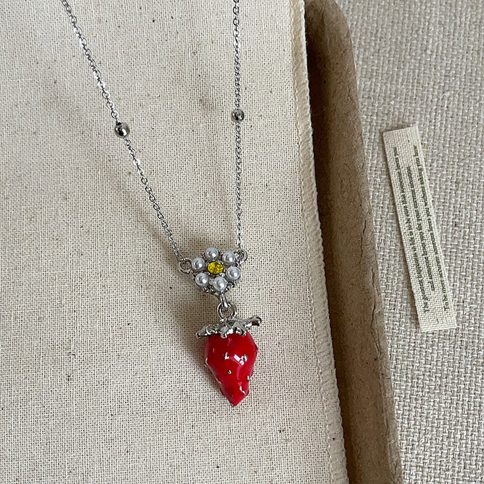 Wholesale Red Enamel Strawberry and Pearl long Necklace