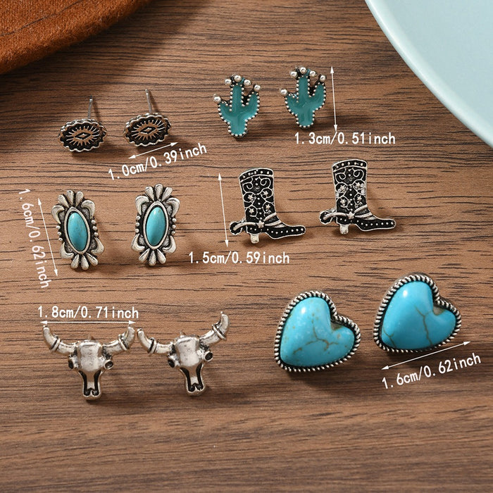 Wholesale Trendy Bohemian Turquoise Bull Head Flower Earrings For Women Alloy Handmade Jewelry Accessory Boutique Resale