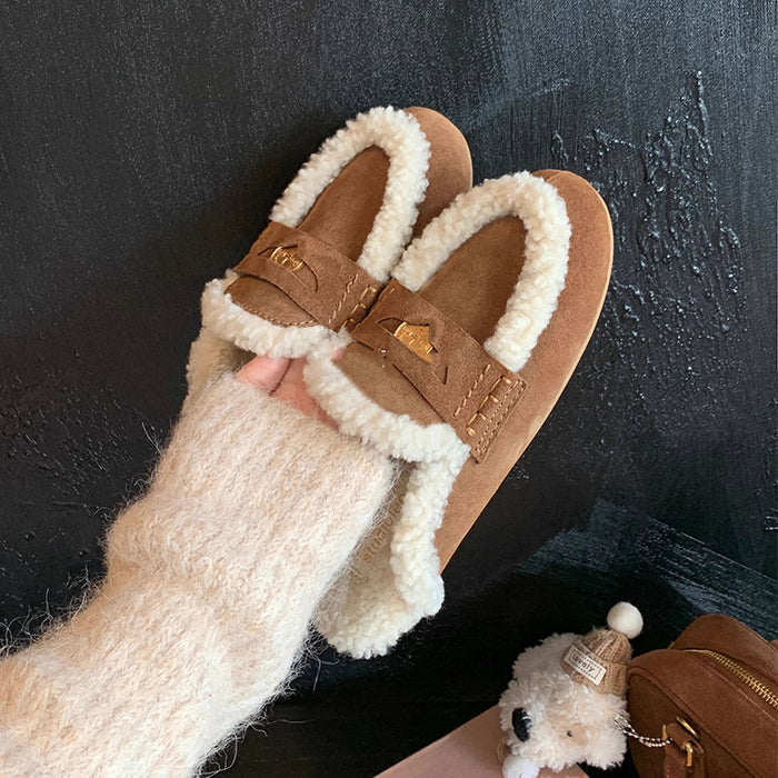 Wholesale  Bean Shoes Lamb Wool Baotou One-Pedal Warm Mao Mao Half Slippers for Outer Wear