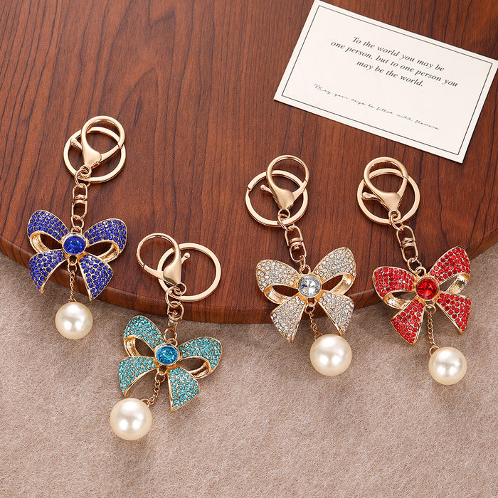 Wholesale Red Rhinestone Pearl Bow Keychain Bag Charm Car Key Accessory Birthday Gift MOQ≥2