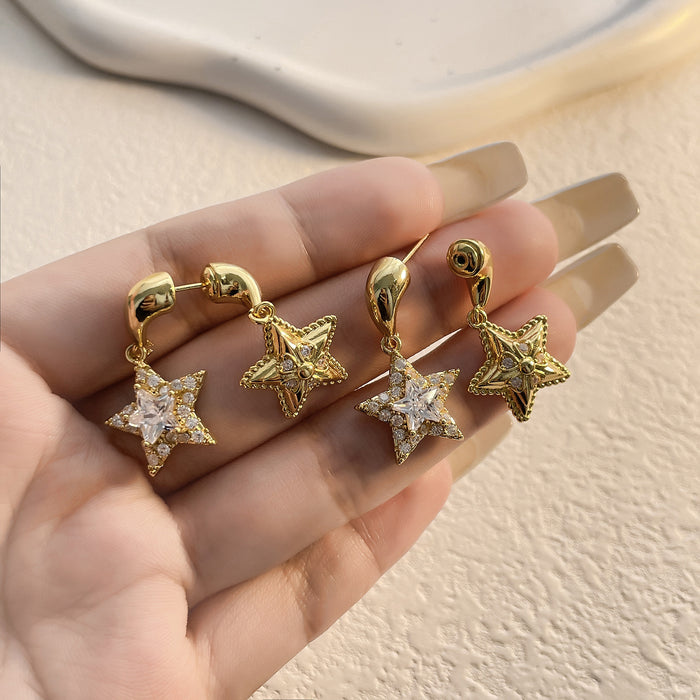 Wholesale Twin Star Sparkling Tassel Gold-Plated Copper Earrings