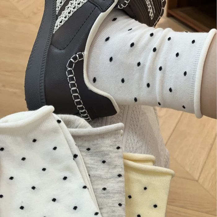 Wholesale Curled edge polka dot socks, mid tube socks, stacked socks, mid tube socks