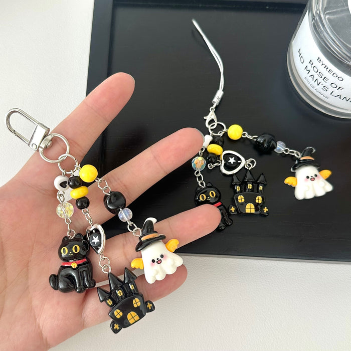Wholesale Trendy  Ghost Beaded Keychain Charm Black Cat Phone Bag Pendant Fashion Accessory