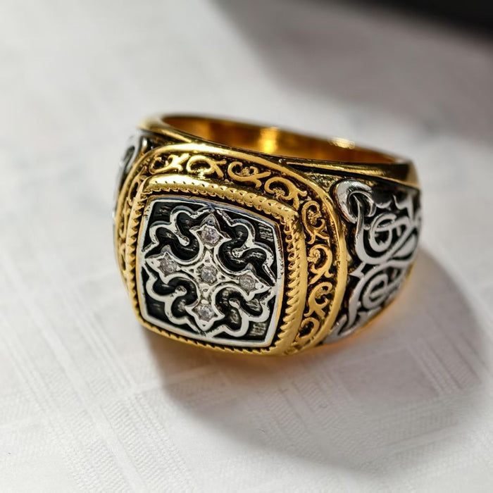 Wholesale New retro carved pattern cross two-color ring