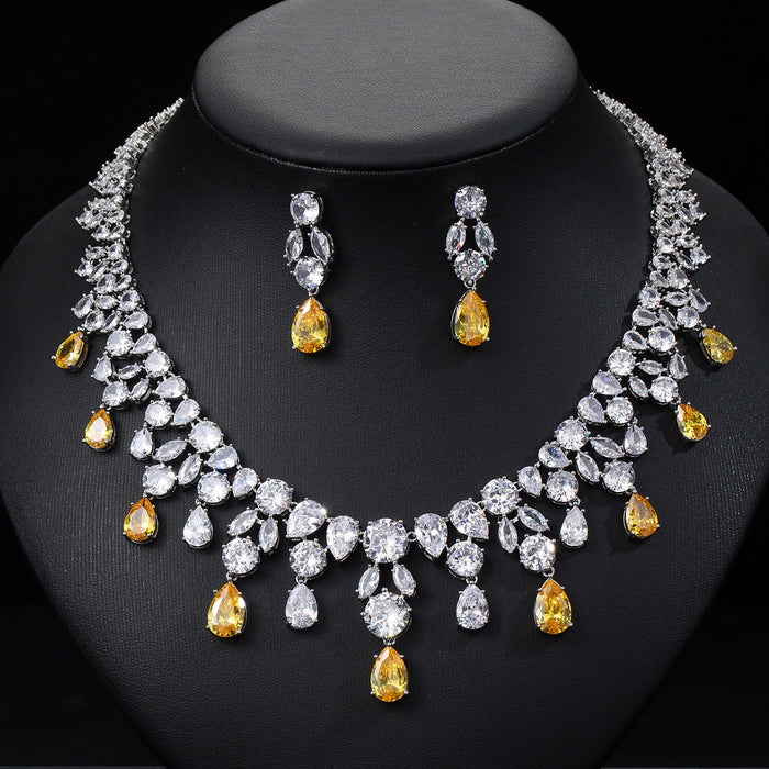Wholesale Zircon Necklace Earrings Set Bride Wedding Dress Dinner Jewelry Water Drop Full of Diamonds