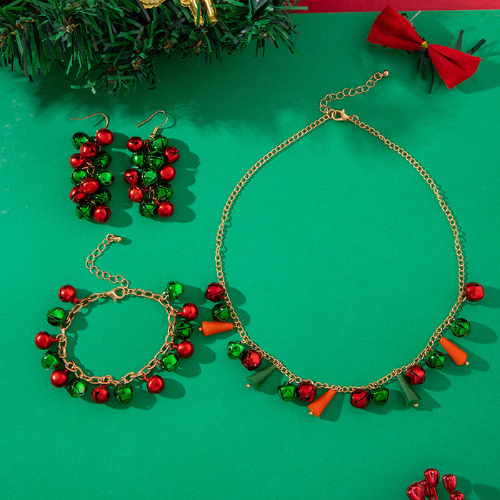 Wholesale Christmas Cute Red Green Bell Bead 3-Piece Jewelry Set for Party Gift MOQ≥2