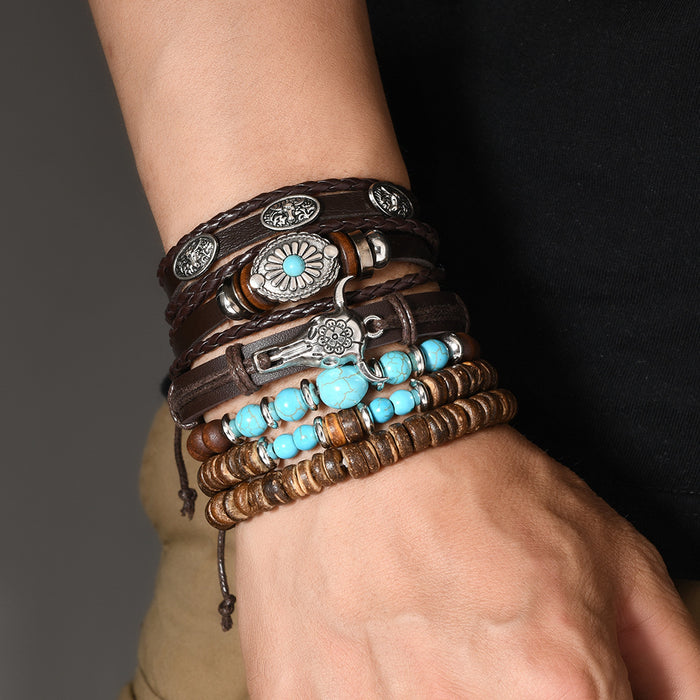 Wholesale Retro Braided Turquoise 6-Piece Leather Bracelet Set