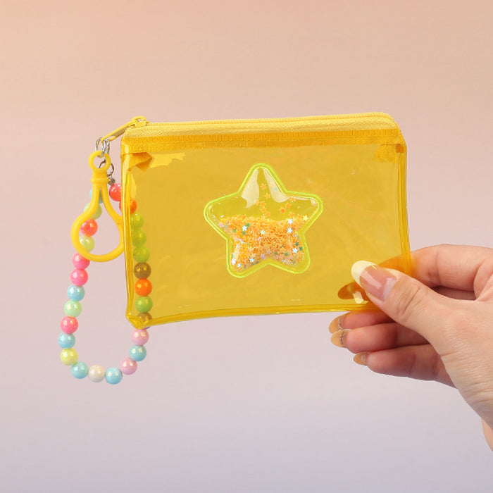 Wholesale PVC Star Macaroon Clear Zip Coin Purse Pink Bead Chain Multi Use Card Holder Earphone Bag Trendy