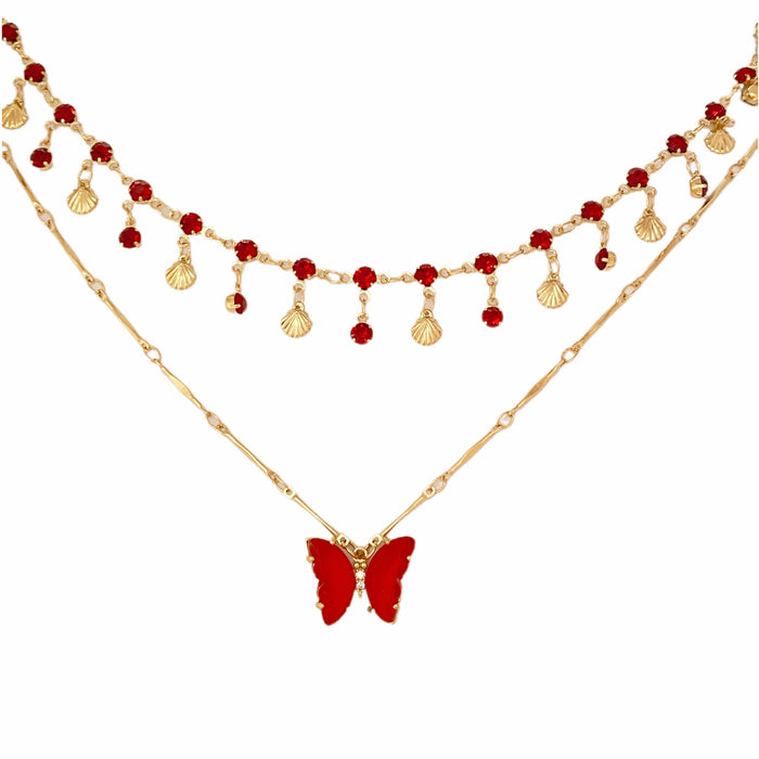 Wholesale Fashionable crystal tassel double-layer necklace, niche design, versatile butterfly pendant, collarbone chain