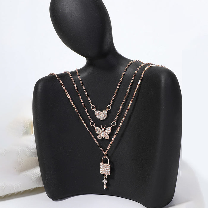 Wholesale New Personalized Butterfly Key Love Pendant Multi layer Necklace Fashion Street Photography Crystal Sweater Chain