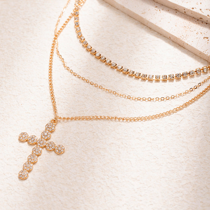 Wholesale Light luxury, niche design, cross necklace, fashionable retro, full diamond, layered, high-end, personalized accessory
