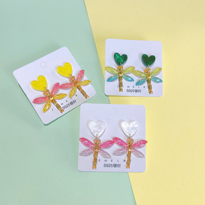 Wholesale Dragonfly Heart Acrylic   Silver Needle Earrings JDC-ES-PinHeng003