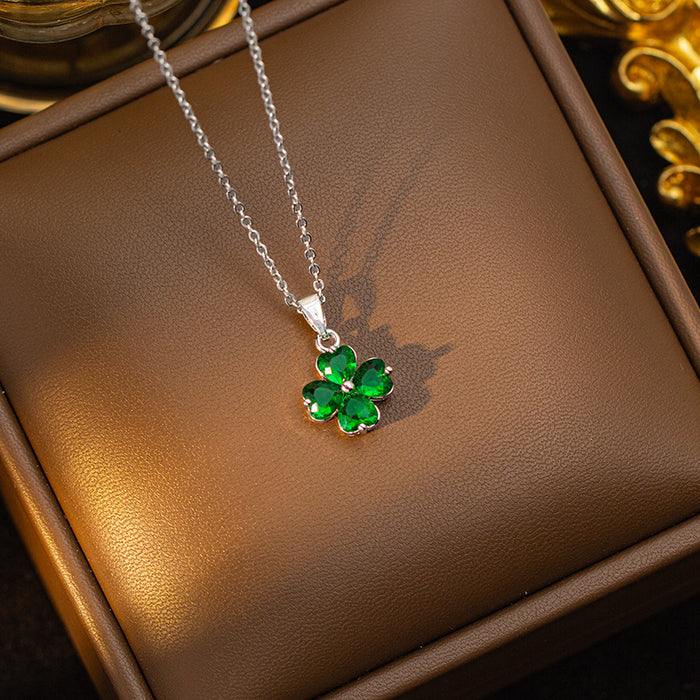 Wholesale Copper-set zircon four-leaf clover colored Titanium steel pendant necklace and earring set