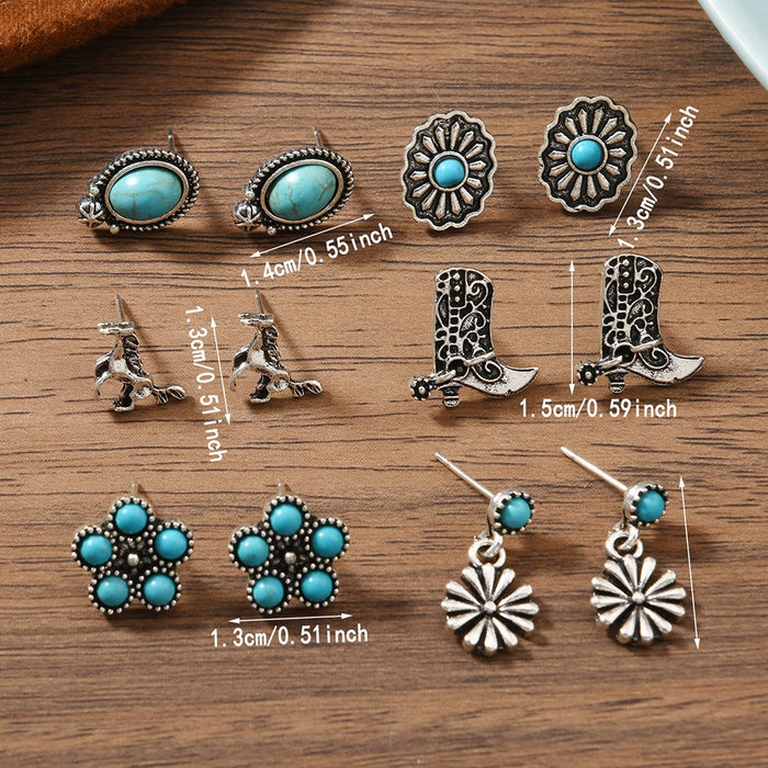 Wholesale Trendy Bohemian Turquoise Bull Head Flower Earrings For Women Alloy Handmade Jewelry Accessory Boutique Resale