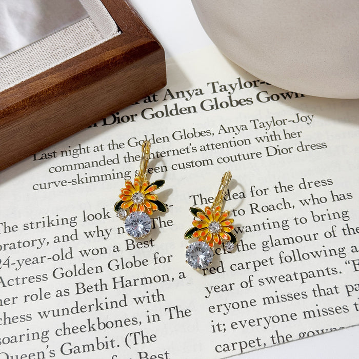 Wholesale Design Sunflower Earrings with Drip Oil Sunflower Sparkling Diamond Earrings and Earrings