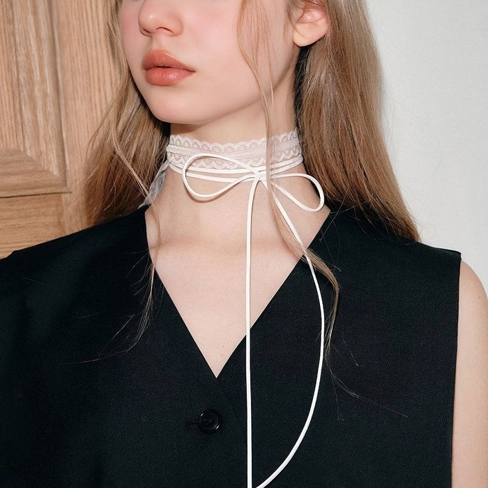 Wholesale Stacked lace ribbon versatile collarbone scarf design with a slim neck strap necklace